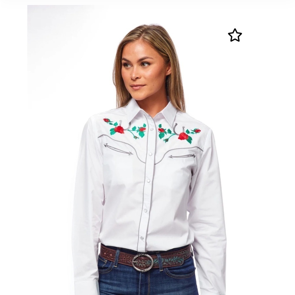EUC ROCO rodeo worn once roses horse shoe pearl snap button down shirt large L